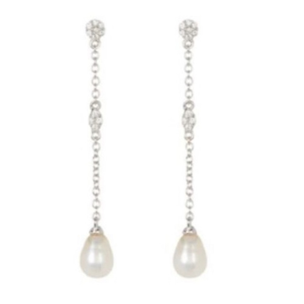 White Rhodium Plated Swarovski Crystal & 7mm Freshwater Pearl Drop Earrings. New